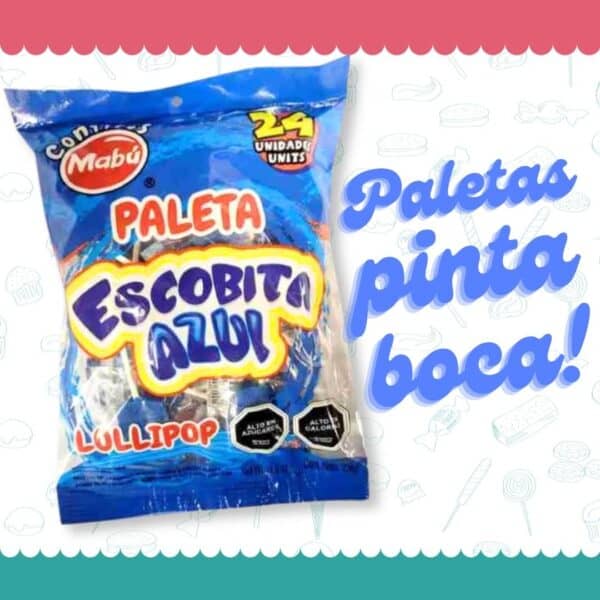 paleta escobita azul con forma de escoba de color azul y pinta boca en formato de 24 unidades